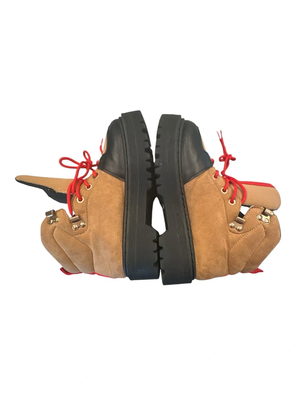 Qupid Hiking Style Ankle Boots Tan Black Red Laces Size 37 US 6.5